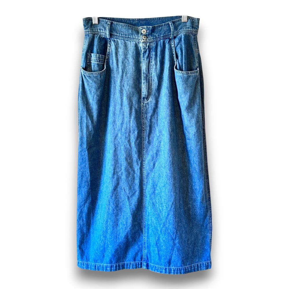 Vintage Leslie Fay Sport Denim Maxi Skirt Size 14 High Waisted Cotton